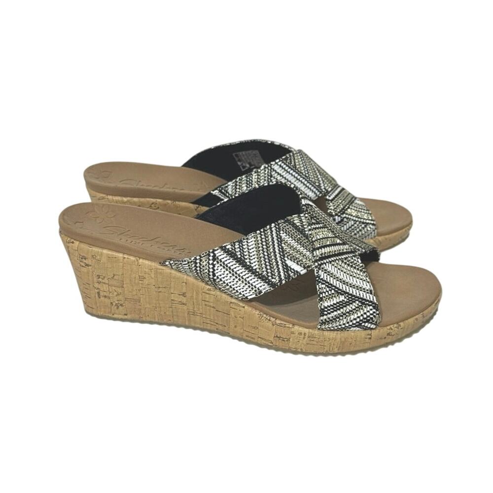 Skechers Womens Beverlee Golden Palace Wedge Sandal Size 10 Black Gold 57331